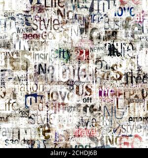Abstrakte Grunge städtischen geometrischen Wörter, Buchstaben nahtlose Muster. Alte Zeitung, Zeitschrift texturierten Papier Hintergrund. Mehrfarbige Collage wiederholender Text Stockfoto