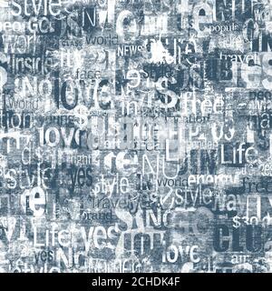 Abstrakte Grunge städtischen geometrischen Wörter, Buchstaben nahtlose Muster. Alte Zeitung, Zeitschrift texturierten Papier Hintergrund. Blau weiß Collage wiederholenden Text Stockfoto