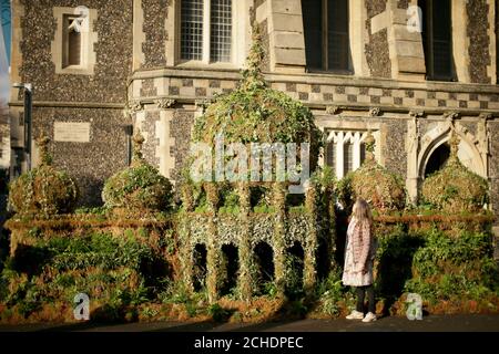 REDAKTIONELLE VERWENDUNG NUR EIN Passant sieht sich eine 12m große Nachbildung des Brighton Pavilion aus Pflanzen an, die von Seventh Generation und Plantlife in Brighton entworfen wurde, um die Menschen zu ermutigen, eine Online-Petition zu unterschreiben, die die Regierung auffordert, mehr in pflanzenbasierte Lösungen zur Bekämpfung des Klimawandels zu investieren. Stockfoto