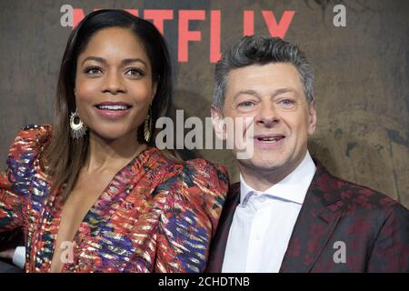 Links-rechts Naomie Harris und Andy Serkis kommen zur Premiere von Mowgli: Legend of the Jungle im Curzon Mayfair Stockfoto