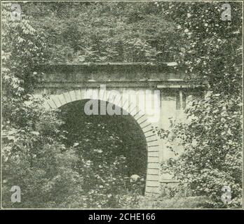 . Vom Weg zur Bahn durch die Appalachen. 76 VON SPUR ZU BAHN die Straße wurde nicht nach oben getragen, aber fast zweihundert Meter unterhalb eines Tunnels wurde etwa eine Meile lang geschnitten.der Eingang zu einem Ende dieses Tunnels ist in Abb. 27. Die beiden großen Abschnitte des Kanals und der PortageRailway wurden 1835 fertiggestellt. Die Waren gingen dann vorbei. Abb. 27. Eingang zum Tunnel, Old Portage Railway Rail von Philadelphia nach Columbia auf dem Susquehannariver. Dort brachten sie die Boote zum östlichen Ende der Portage Road. Der nächste Haul war über die AlleghenyFront, mit ihren hohen Wäldern, nach Johnstown. Dann Stockfoto