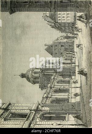 . Les merveilles du nouveau Paris-- . -Royal. Louis XIV le Donna plustard au duc dOrléans, son frère, et depuis cette époque il aété lapanage des Princes du sang. UN incendie détruisit lafaçade en 1763; Louis-Philippe dOrléans, Petit-fils durégent, chargea Moreau de le reconstruire entièrement. Ilfit aussi élever autour du jardrn ces magnifiques galeries oùlindustrie parisienne étale ses plus belles productions dor-fèvrerie et de bijouterie. Les vieux marronniers de Richelieutombaient pour faire place à ces constructions. La façadedonnant sur le jardin devait être édifiée sur un Plan gran-dios Stockfoto