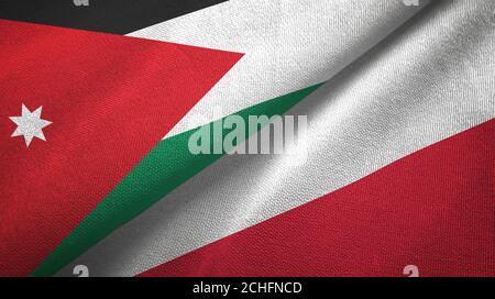 Jordanien und Polen zwei Flaggen Textiltuch, Stoff Textur Stockfoto
