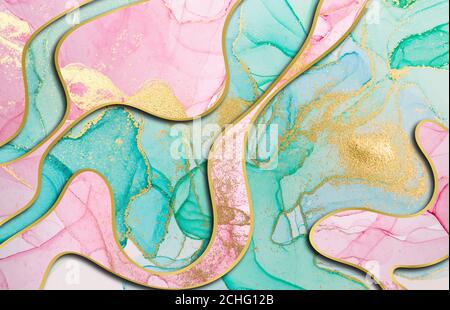 Alkoholtinte grün und rosa abstrakter Hintergrund mit goldenen Schichten. Wasserfarben-Textur im Ozeanstil. Stockfoto