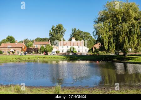 Alte Hütten mit Blick auf einen Ententeich auf einem malerischen Dorf grün in nun Monkton, York, North Yorkshire, England, Großbritannien Stockfoto