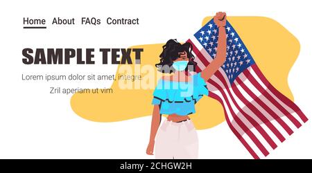 Frau in Maske hält USA Flagge Labor Day Feier Coronavirus Quarantäne Konzept Hochformat horizontale Kopie Raum Vektor-Illustration Stock Vektor