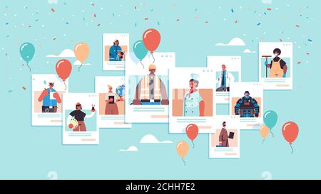 people of different occupations celebrating labor day mix race men women in web browser windows online communication self isolation concept portrait horizontal vector illustration Stock Vektor