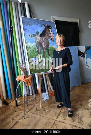 11. September 2020, Berlin: Die Malerin Anne Dohrenkamp, Ehefrau von Jürgen von der Lippe, bei einer Fotosession. Ihre Arbeiten werden in der Ausstellung AENO Painting and Photography in der Galerie Hotel Mond Fine Arts von 24.09.2020 bis 25.10.2020 zusammen mit Fotos des Berliner Fotografen Andre Kowalski gezeigt. Anne Dohrenkamps Bilder spiegeln die einzelnen Stadien ihrer künstlerischen Entwicklung wider, die in den letzten Jahren besonders intensiv war. In ihrer Vielseitigkeit zeigt sie detaillierte, aufwendige l Bilder in Layertechnik, spontane Aquarelle, Collagen, karikaturartige, überzeichnete Tier Mo Stockfoto