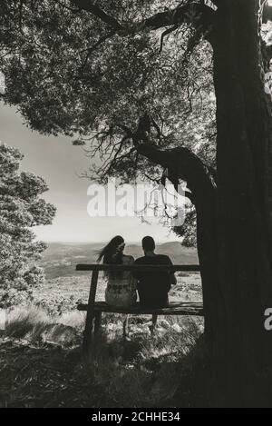 Eine vertikale Graustufenaufnahme eines jungen liebevollen Paares, das sitzt Auf einer Holzbank unter dem Baum Stockfoto