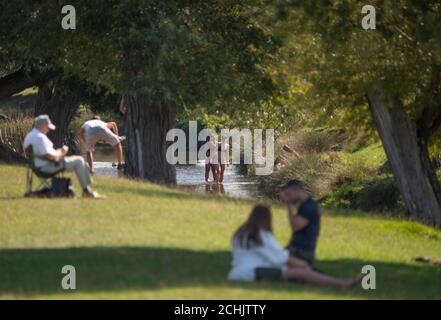 Richmond Park, London, Großbritannien. 14. September 2020. Die Leute entspannen sich am Beverley Brook, der an einem heißen Tag Mitte September durch den Richmond Park läuft. Quelle: Malcolm Park/Alamy Live News. Stockfoto