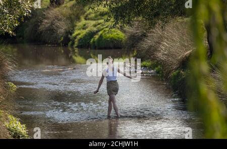 Richmond Park, London, Großbritannien. 14. September 2020. Eine junge Frau paddelt im Beverley Brook, die an einem heißen Tag Mitte September durch den Richmond Park läuft. Quelle: Malcolm Park/Alamy Live News. Stockfoto