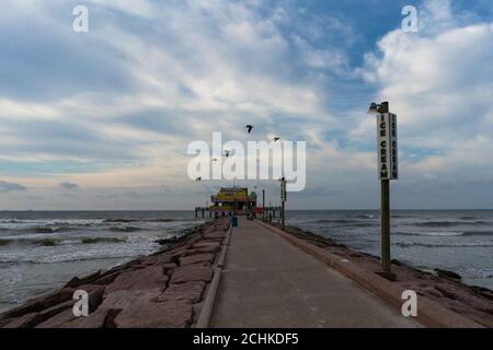 Vogelschar, der am frühen Morgen über einen Strandpier fliegt Stockfoto
