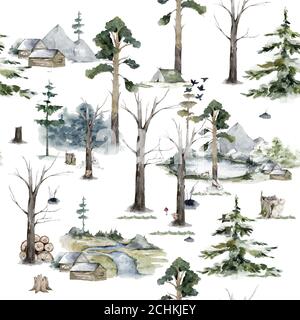 Wald nahtloses Muster mit Baum. Mountain Aquarell Hintergrund Illustration Stockfoto