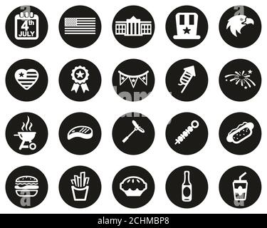 4. Juli Icons Weiß auf schwarzem flachem Design Kreis Groß Einstellen Stockfoto