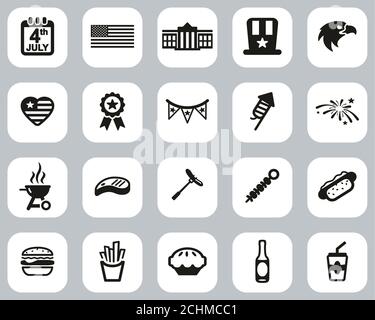 4. Juli Icons Black & White Flat Design Set Groß Stockfoto