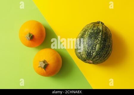 Runde Zucchini auf zweifarbigem Hintergrund, Draufsicht Stockfoto