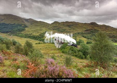 Der berühmte Jakobitenzug fährt über das Glenfinnan Viadukt in Schottland Stockfoto