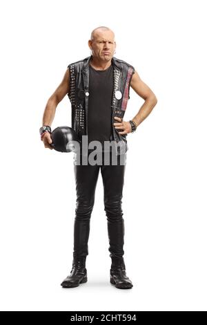 Glatze männlichen Biker in Lederkleidung hält einen Helm isoliert Auf weißem Hintergrund Stockfoto