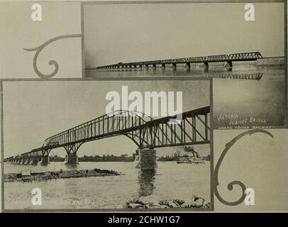 . Blick auf kanadische Städte, Toronto, Ottawa, Montreal, Quebec, St. John, Halifax. HOFHAUSDIESES Gebäude wurde 1856 an der Stelle des alten Jesuitenklosters errichtet. Es ist eine Struktur von würdevollen Proportionen, mit einer Fassade von dreihundert Fuß. Auffallendes Merkmal der Front, der große Eingangsportikus, wird von sechs schönen ionischen Säulen unterstützt. Die riesige Flasche, etwa zwanzig Meter hoch, die vor dem Hof steht, wird als Zeitungskiosk verwendet. Im hinteren Bereich erstreckt sich der Champ de Mars, ein großer Paradeplatz. Jftlontttal-. ZWEI BERÜHMTE ST. LAWRENCE bridgesDie ursprüngliche Victoria TU Stockfoto