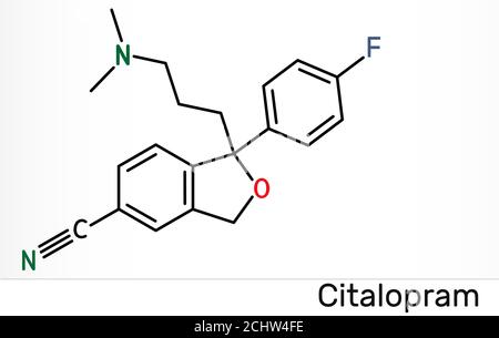 Citalopram, C20H21FN2O-Molekül. Es ist Antidepressivum, selektive Serotonin-Wiederaufnahmehemmer (SSRI) Klasse, ist weit verbreitet, um Symptome von Depressionen zu behandeln Stockfoto