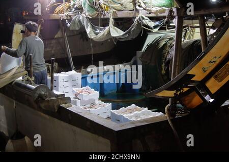 La Spezia, Italien - Sommer 2020: Ein Fischerboot kehrt mitten in der Nacht mit Kisten voller frischem Fisch zurück Stockfoto