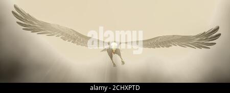3d-Illustration Adler fliegt in den Wolken im Morgengrauen Stockfoto