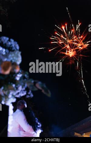 Silhouetten von Braut und Bräutigam beobachten Gruß am Ende ihrer Hochzeit. Hochzeitsgrüße. Anrede. Dunkler Hintergrund Stockfoto