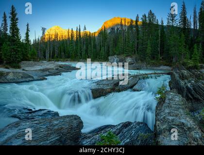 Sonnenuntergang über dem Kicking Horse River fließt aus den Bergen, wurde zu einem Wasserfall, bevor er unter einer natürlichen Brücke, Yoho National Park geht Stockfoto