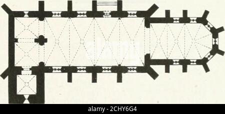 . Mittheilungen der K.K. Central-Commission zur Erforschung und Erhaltung der Kunst- und Historischen Denkmale . al und getreckt, wie derHügel, auf welchem fie fteht, ift auch diefe Kirche, eineinschiffiges in allen Theilen behaltenes Gebäude,deffen lichte Gesamtfläche 122 Fufs beträgt. DasSchiff besteht aus fünf Gewölbe-Abtheilungen, vondenen die Hinterste zu einer Emporkirche einrichtettist; es hält eine Länge von j?) Und eine breite von30 Fuss ein, während der aus dem Achteck geschlossen-fene Chor drei Gewölbe umfafst, 42 Fufs lang und22 Fufs breit ift. An the added Corner is Stockfoto