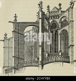 . Eine Einführung in das Studium der gotischen Architektur . Sie haben die doppelten Bögen und dienen gut, um die Dif-ferenz zwischen französischen und englischen fliegenden Strebepfeilern zu zeigen. Bei Beauvais, der der erhabenste Chor in Europa ist, scheint das ursprüngliche prächtige Design, beencarefully und sehr stufenweise durchgeführt zu haben, die Piers und die Bögen des dreizehnten Jahrhunderts, während das clere-Geschoss und das Gewölbe vom vierzehnten sind. Der Mittelturm ist offenbar gefallen, und dabei hasdestroyed die Nord-Ost-Pier und den Bogen neben ihm; und diese Teile wurden nicht wieder aufgebaut, bis die fünfzehnte q A Stockfoto