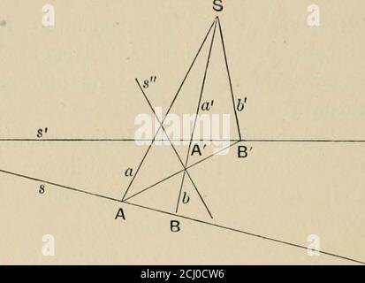 . Die Prinzipien der projektiven Geometrie auf die gerade Linie und konische angewendet. Ion. Es ist zu beachten, dass das Zentrum einer Involution nicht in das Zentrum der korrespondierenden Involution projiziert wird, sondern die Doppelpunkte in Doppelpunkte projiziert werden. Das neue Zentrum, wenn die doppelten Punkte real sind, kann als ihr Mittelpunkt bestimmt werden. Das Zentrum ist immer das Konjugat des Punktes atunendlich auf der Basis. Unter Bezugnahme auf Art. 48 wird sich zeigen, dass ein System von kollinearkonjugierten Punkten in Bezug auf zwei gerade Linien eine Involution bildet. Der Fall, in dem zwei projektive Bleistifte werden Stockfoto