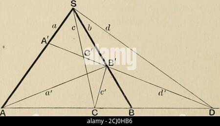 . Die Prinzipien der projektiven Geometrie auf die gerade Linie und konisch. 48. Konjugierte Punkte – Pole und Polar. Konjugierte Punkte in Bezug auf zwei gerade Linien sind so, dass der Verbinder durch das Paar von Linien harmonisch geschnitten wird. So sind in der Abbildung if {ABGD)=-G und D Konjugate in Bezug auf a und B. Konjugatlinien in Bezug auf twogiven Punkte sind so, dass sie harmonische Konjugate der Linien sind, die ihren Schnittpunkt zu den givenpoints verbinden. So sind in der Abbildung if {abed) = - 1a und h Konjugate mit Bezug TOC und D.. Daraus folgt, dass, wenn durch ein Stockfoto