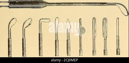 . Die Behandlung von Krankheiten durch elektrische Ströme : ein Handbuch von einfachen Anweisungen für den Hausarzt . Abb. II Griff zum Halten von Kauterbrennern :- mit Unterbrecher. Zu einer kirschroten oder weißen Hitze, durch einen konzentrierten Strom mit einer Stromstärke von 20 bis 100 mal größer als ein medizinischer DOS-. Abb. 12. Kauterbrenner flexibel, zum Biegen, etc. AO-e. Bei Kauterarbeiten wird der Strom nicht durch Gewebe zwischen zwei Elektroden aufgebracht, sondern verwendet, um eine Elektrode zu erhitzen und oberflächlich zu verbrennen. 91 9- KAUTERGERÄT. Jeder Arzt muss verstehen, dass der Kauterakkus ein Tausendfüßler ist Stockfoto