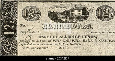 . Geschichte der Grafschaften Dauphin und Libanon: Im Commonwealth von Pennsylvania; biographische und genealogische. Therjrls,aufgrund oder Träger, die Summe von . - /% ZWÖLF & EIN HALBES CENT,; ,payf0on Nachfrage in PHILADELPHIA BANKNOTEN,ichenpresented!n&lt; Beträge in Höhe von fünf Dollar* ■ Hurtlsburg, Februar ■ 1838v Stockfoto