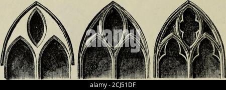 . Eine Einführung in das Studium der gotischen Architektur . 94. Solihull, war-wicksliire, c. 1260. Ein frühes Beispiel von Bartracery mit ornamentierten Spitzen. Gleiche Form, mit der öffnenden größeren: Bei Middleton Cheney, Oxfordshire, die Sameform; aber das feste Mauerwerk ist so stark reduziert, als Toform bloße Pfosten, und dies ist tatsächliche Tracery, gedankenlos Spitzen. In Glapthorn, Northamptonshire, und in Ashfordby, n siehe Glossar der Architektur, vierte Ausgabe, Oxford, 1860. Plates230, 231 und 233. 130 FORTSCHRITT VON TUACERY. Leicestershire^^, die Öffnung ist von der Form genannt thevesica piscis 95 ( ). Bei Melton Mow Stockfoto