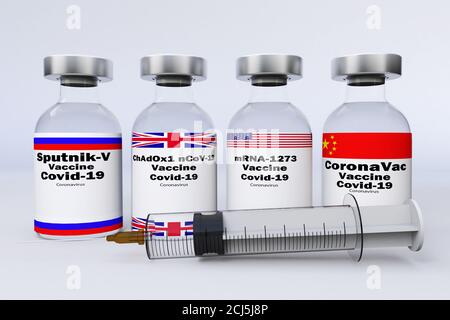 Behälterflaschen mit amerikanischem, chinesischem, russischem und britischem Impfstoff mRNA-1273, chadox1 ncov-19,sputnik-V,coronavac zur Behandlung des Coronavirus di Stockfoto