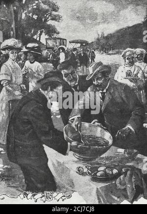 Bekleidet mit einem Grauen Anzug und Panamahut, rührte der Kaiser (Kaiser Wilhelm II.) den Salat, um 1900, hektisch an Stockfoto