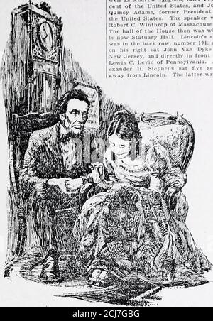 . Abraham Lincoln vor 1860 . ultholed und begeistert von Freude, wenn, sitzen an ihrer Seite Asshe genähte die Quiltin, Rahmen, Lincoln toldthat Geschichte von mans Liebe für Frau, süß wie es ist alt und alt, wie es issweet. Die ganze Welt liebt einen Liebhaber. Andj niemand wird Lincoln weniger wegen der historischen Tatsache lieben, dass seine Vernunft, ich oder zumindest seine Hoffnung und Interesse im Leben von ihm abgewichen ist, als Anndjed. Ja, dieses Herz und Seele und Geist und Intellekt, die in Laterjahren unbewegte eine Welt in Armen betrachten konnten, wurden alle entthront, weil ein süßes Mädchen starb. Es war fünf gut als Anciti-w Tack5, später Stockfoto