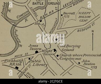 . Boston, ein Reiseführer . h Warren und diente als Chirurg atBunker Hill und durch den Krieg. Er war Gouverneur der Statein 1823-1825. In der Hancock Street befindet sich das historische Haus Haitcock-Clai^ke (von seinem ursprünglichen Standort auf der gegenüberliegenden Seite des Weges entfernt), das Zuhause der beiden Herren, zuerst Hancock und dann Clarke. Hier hielten Johii Hancock und Samuel Adams die Nacht vor der Schlacht an und wurden um Mitternacht von Paul Revere^ aus ihrem Schlaf geweckt, als sie von ihrer Wache zu Captain James Reeds in Burlington wurden. Das Haus ist heute ein Museum der revolutionären Relikte. Im Rathaus, Stockfoto