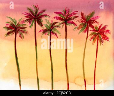 Palmen und farbenfrohe Sonnenuntergänge. Aquarellmalerei Stockfoto