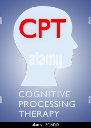 3D-Darstellung der Kopfsilhouette mit dem Text KOGNITIVE VERARBEITUNGSTHERAPIE, isoliert über blauen Gradienten. Stockfoto