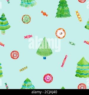 Weihnachtsbaum Donuts Süßigkeiten süß nahtlose Muster auf blauem Hintergrund. Aquarell Illustration Winter Wallpaper digitale Papierpaket Geschenkverpackung Stockfoto