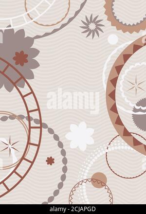 Abstraktes braun-graues und rostrotes Borddesign, abstrakter Hintergrund von Zahnrädern, Blumen, Sternen, Ringen und Kreismustern auf wellig gestreiftem hellbraun Stockfoto