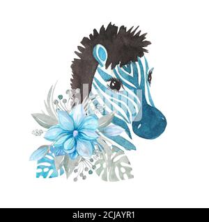 Aquarell Illustration Porträt eines Zebras in Blumen. Cartoon Tier für Kinder Design Stockfoto