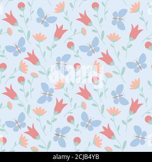 Nahtloses Muster mit Wildblumen und Schmetterlingen in Pastellfarben. Sommer floralen Hintergrund. Vektor EPS 10 Stock Vektor