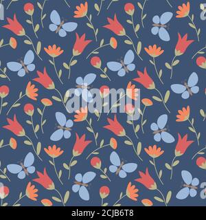 Nahtloses Muster mit Wildblumen und Schmetterlingen in Pastellfarben. Sommer floralen Hintergrund. Vektor EPS 10 Stock Vektor