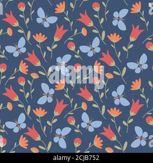 Nahtloses Muster mit Wildblumen und Schmetterlingen in Pastellfarben. Sommer floralen Hintergrund. Vektor EPS 10 Stock Vektor