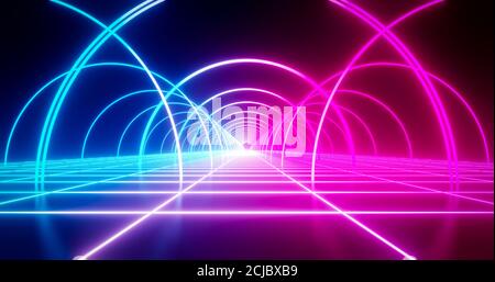 3d-Rendering Retro-Sci-Fi-Hintergrund mit blauen und pinken Neonring und Drahtgittern Boden. Stockfoto