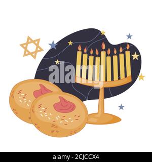 Hanukkah Feier Symbole wie Hanukkah Kerzen flache Vektor-Illustration isoliert. Stock Vektor