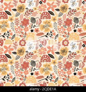 Vektor floral nahtlose Muster weißen Farben Herbst. Flache Blüten, Blütenblätter, Blätter mit und Doodle-Elementen. Collage Stil botanischen Hintergrund für Stock Vektor